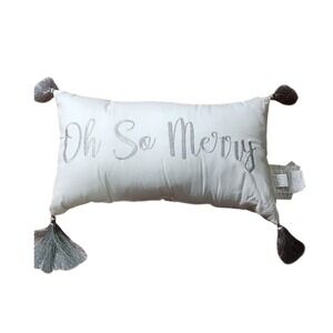 Oh So Merry Decorative Holiday Pillow White Silver Tassels Embroidery Home